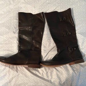 Frye Paige Tall Buckle Leather Motorcycle Brown Knee High Boots
